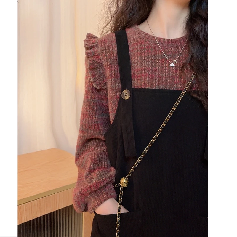 秋冬新年红雪花绒上衣搭配灯芯绒背带裙两件套装