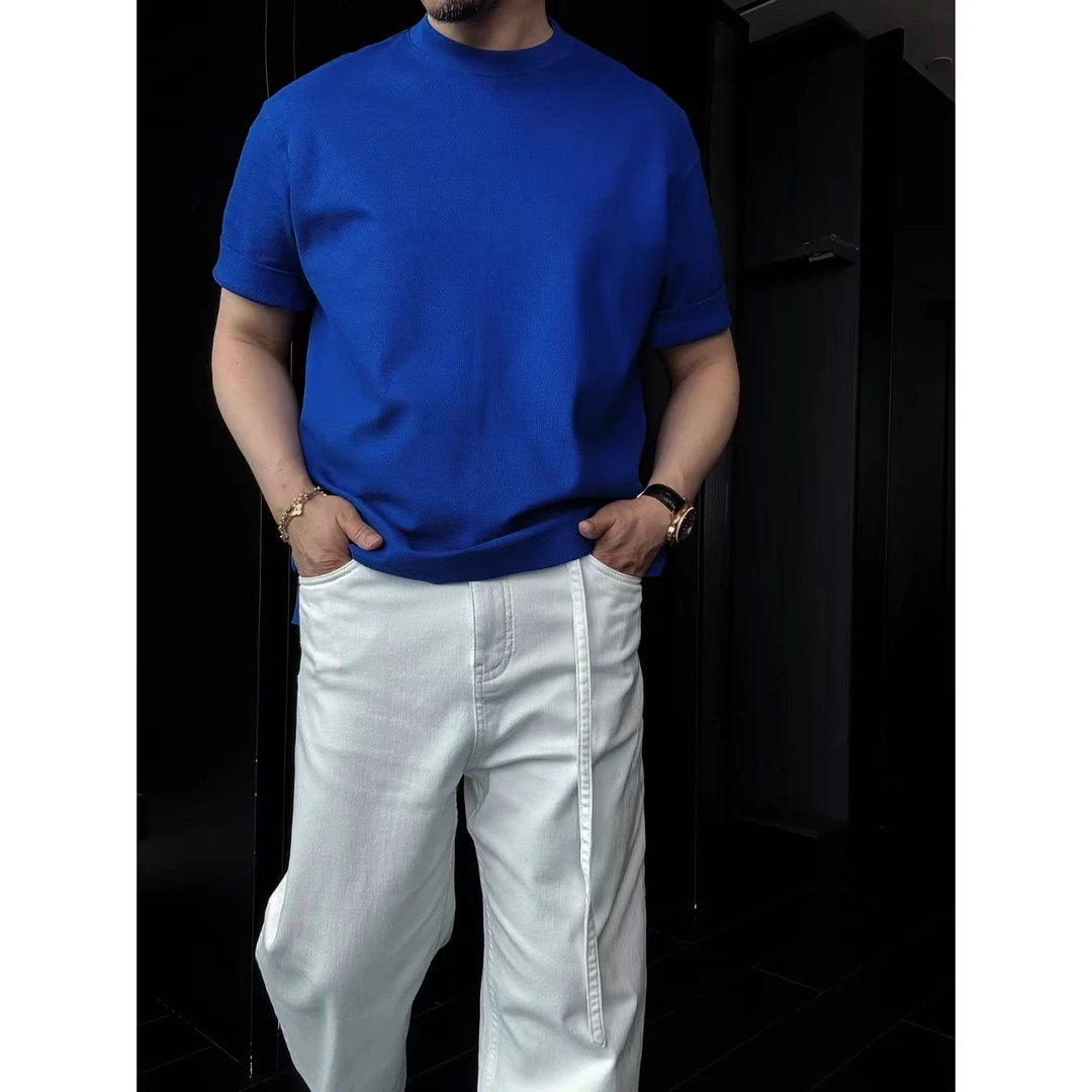 DRUNKCORNER 25001#圆领网眼侧开叉短袖T恤男士百搭纯色