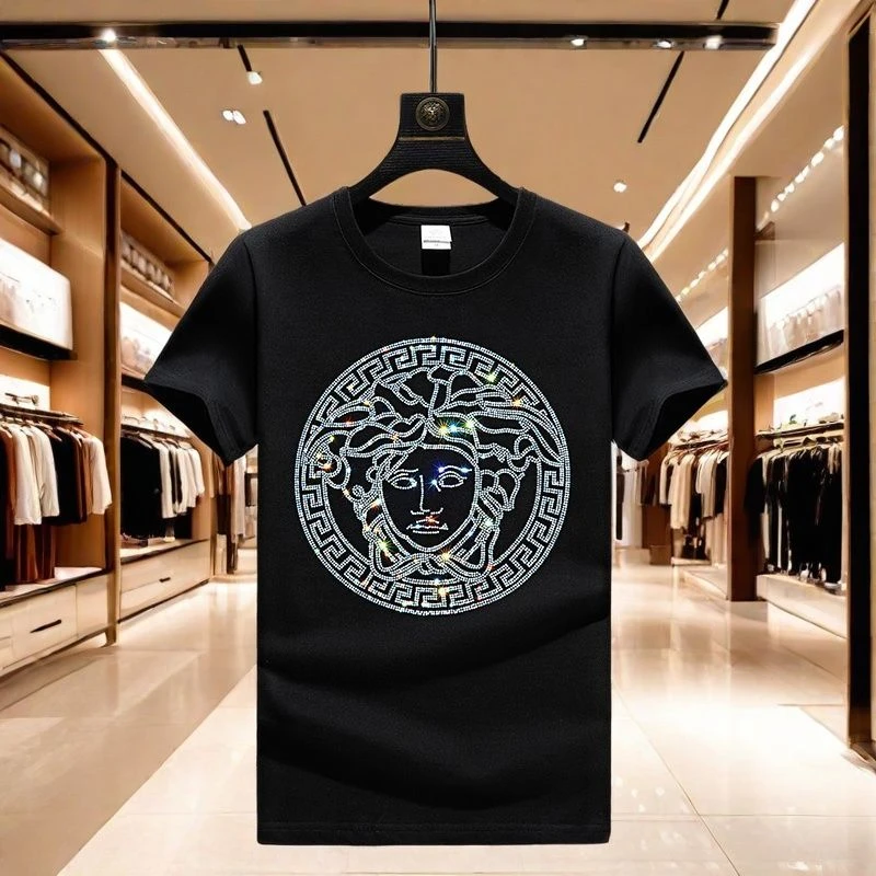 棉质纯色男士T恤烫钻短袖男士T恤夏季圆领半袖韩版修身时尚休闲