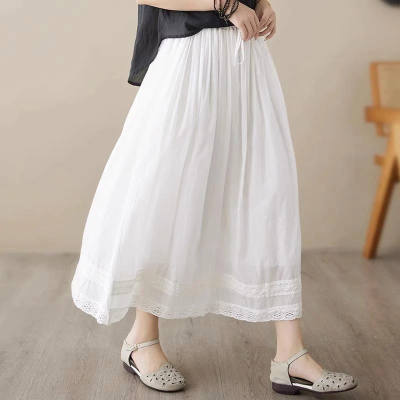 日韩外贸尾货品牌剪标棉麻半身裙女松紧腰宽松飘逸大摆刺绣A字裙