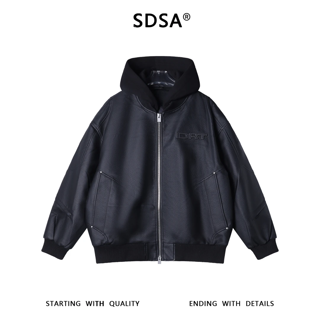 SDSA男士秋冬新款痞帅男装潮牌皮面字母连帽羽绒服高街风百搭外套