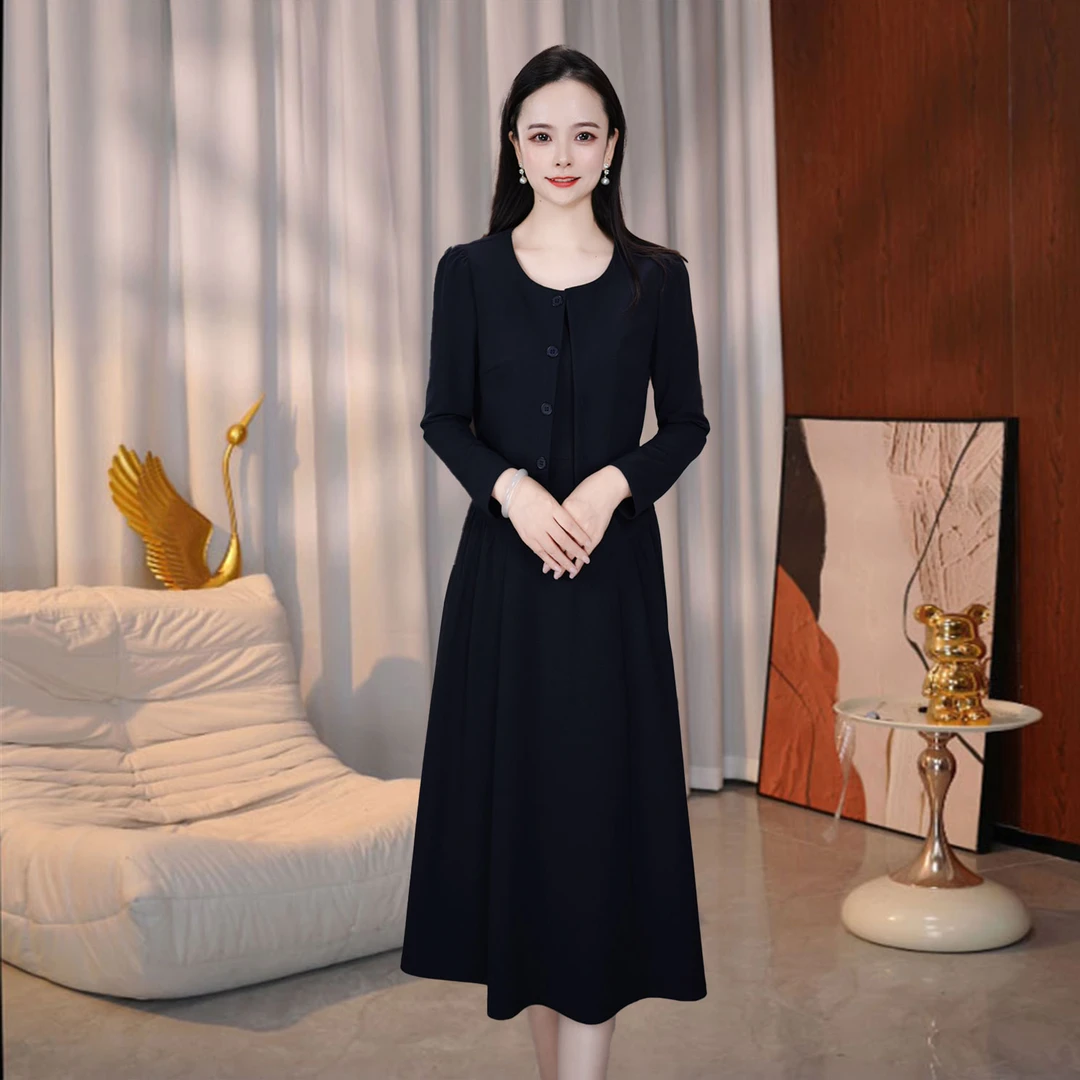连衣裙两件套收腰裙子春秋显瘦气质长袖时尚藏蓝色收腰裙子