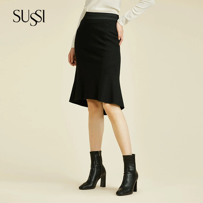 SUSSI/古色秋冬商场同款黑色百搭包臀鱼尾裙羊毛半身裙女