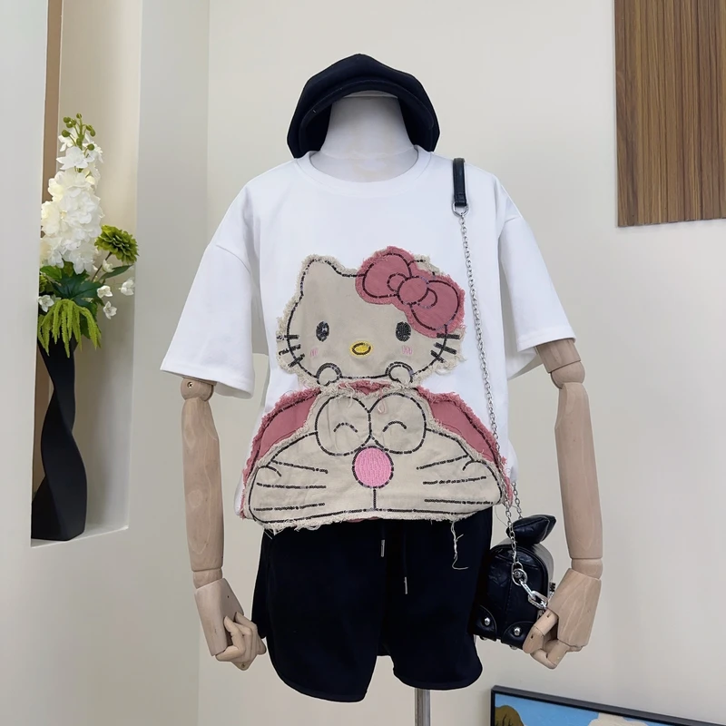 (8716)y2025新款kitty卡通刺绣t恤女韩版短袖减龄印花宽松上衣