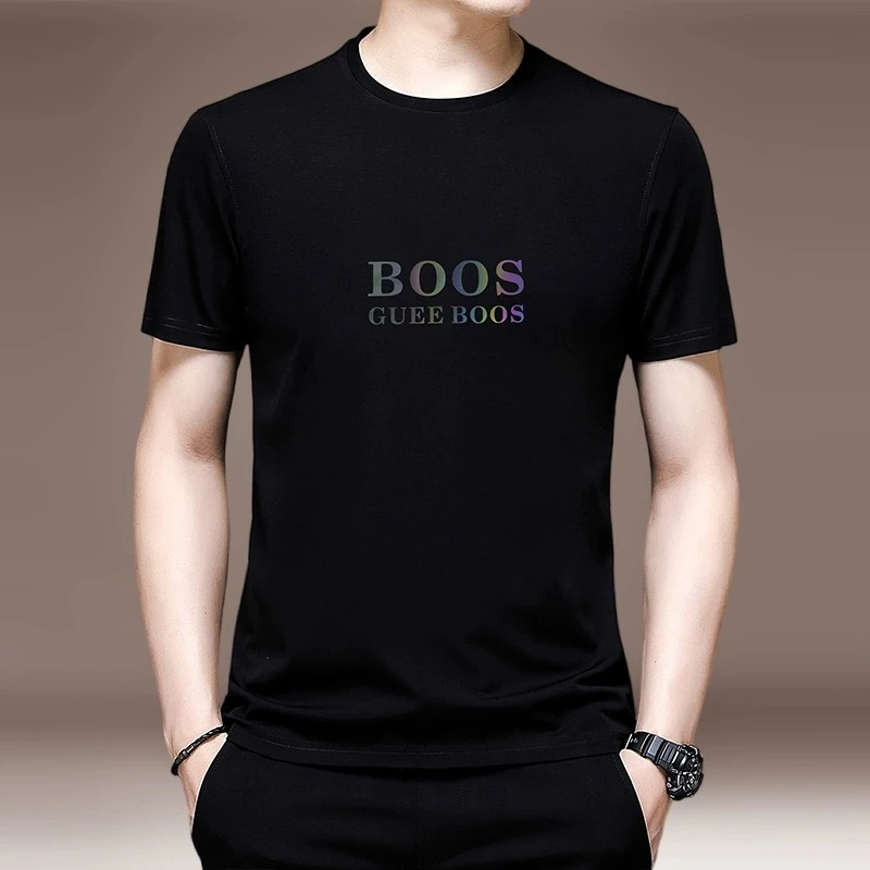 夏季薄款男士冰丝短袖t恤圆领宽松半袖打底衫男装轻奢痞帅男装