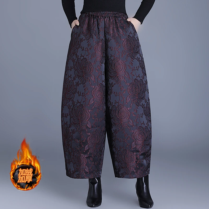 国风冬季浮雕女裤玫瑰提花夹棉加厚阔腿裤九分花苞绒裤休闲裤