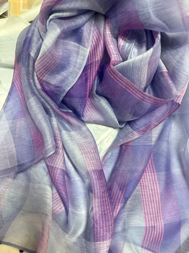 蓝紫渐变格子清新手工高档长围巾披肩通用百搭格纹气质