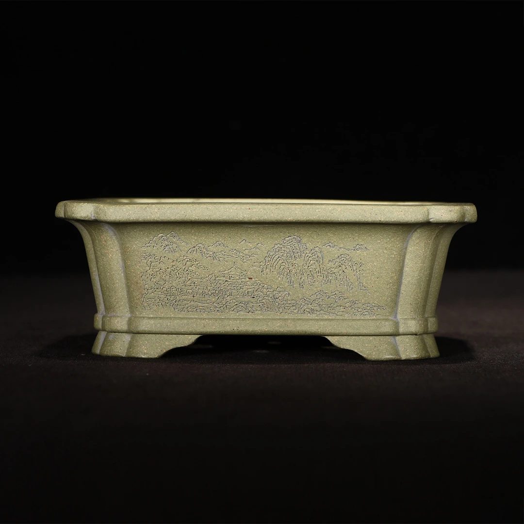 紫砂长方形马槽小号盆景专用透气花盆适合桌面刻绘造景