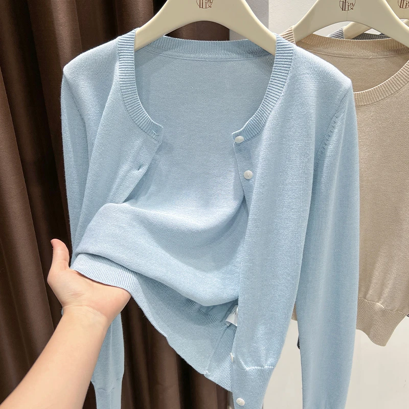 蓝色小香风圆领长袖披肩外套秋季新款洋气外搭针织开衫短款罩衫女