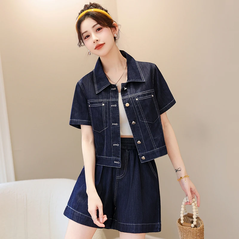 时尚休闲套装女夏季新款洋气设计感牛仔短袖外套短裤小个子两件套