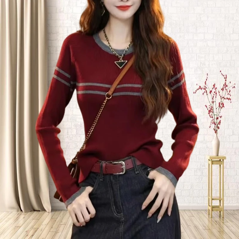 女式秋冬装红色条纹网红2024新款爆款大码胖mm显瘦高级感打底上衣