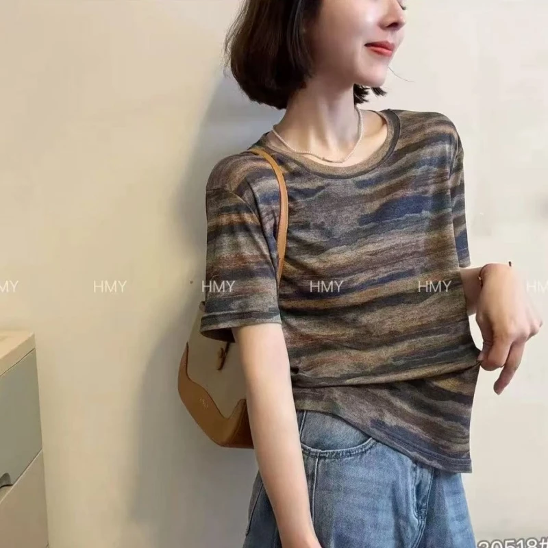 水墨油画丨透气亲肤流行雪花冰凉感十足t恤短袖女30518