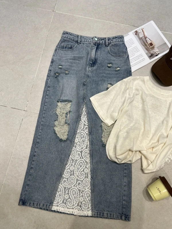 【XI.MU】拼蕾丝破洞设计感牛仔半身裙82119