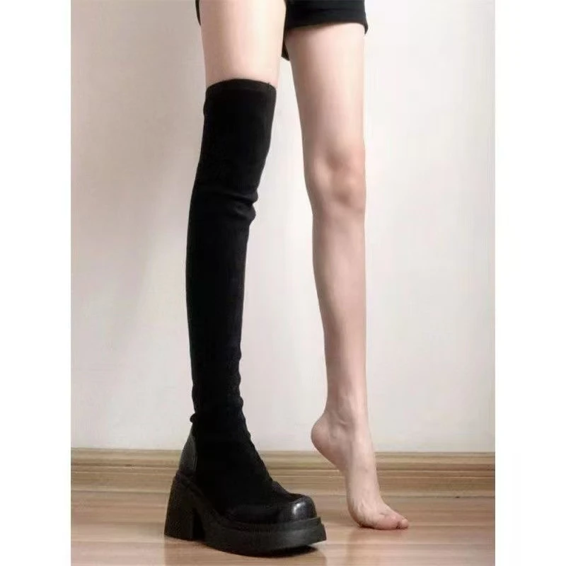 过膝长筒靴女2025秋冬新款厚底加绒长靴女弹力高筒瘦瘦靴黑色靴子