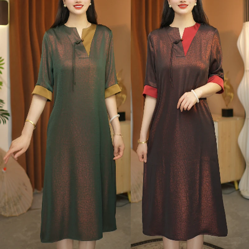 夏季新款短袖连衣裙民族风夏装裙子中式宽松大码显瘦气质中长裙