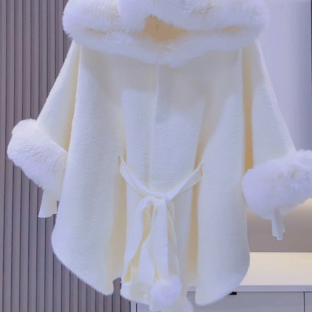 连帽毛领双面仿狐狸毛领斗篷秋冬毛衣新款呢大衣外套