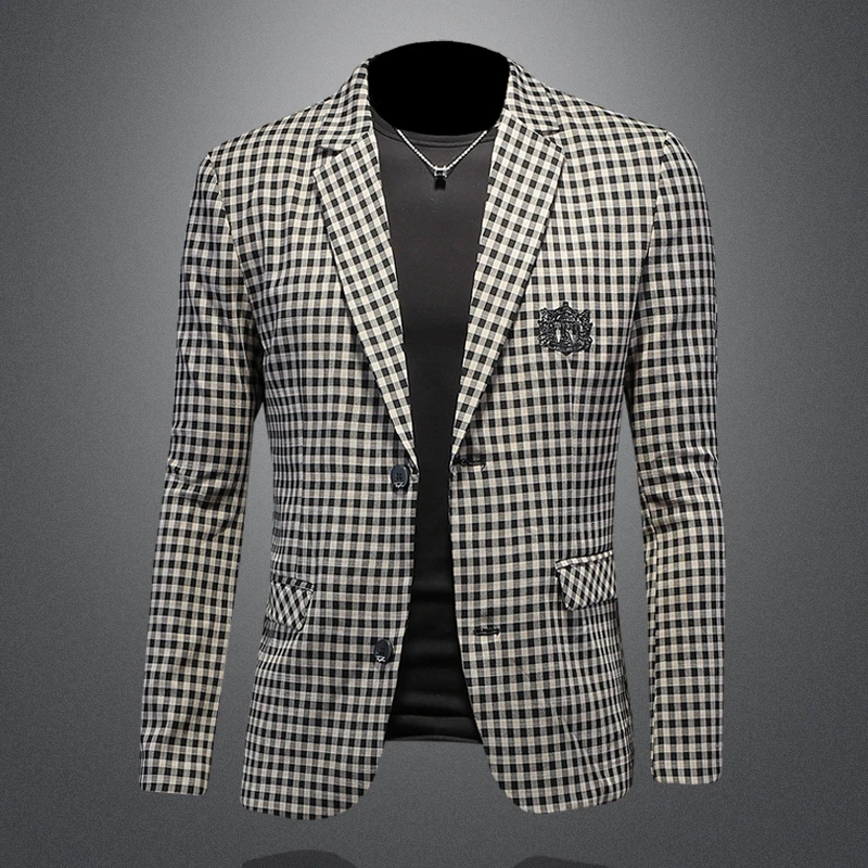 2025秋季格子外套男士大码西服修身潮牌格子小西装商务休闲英伦