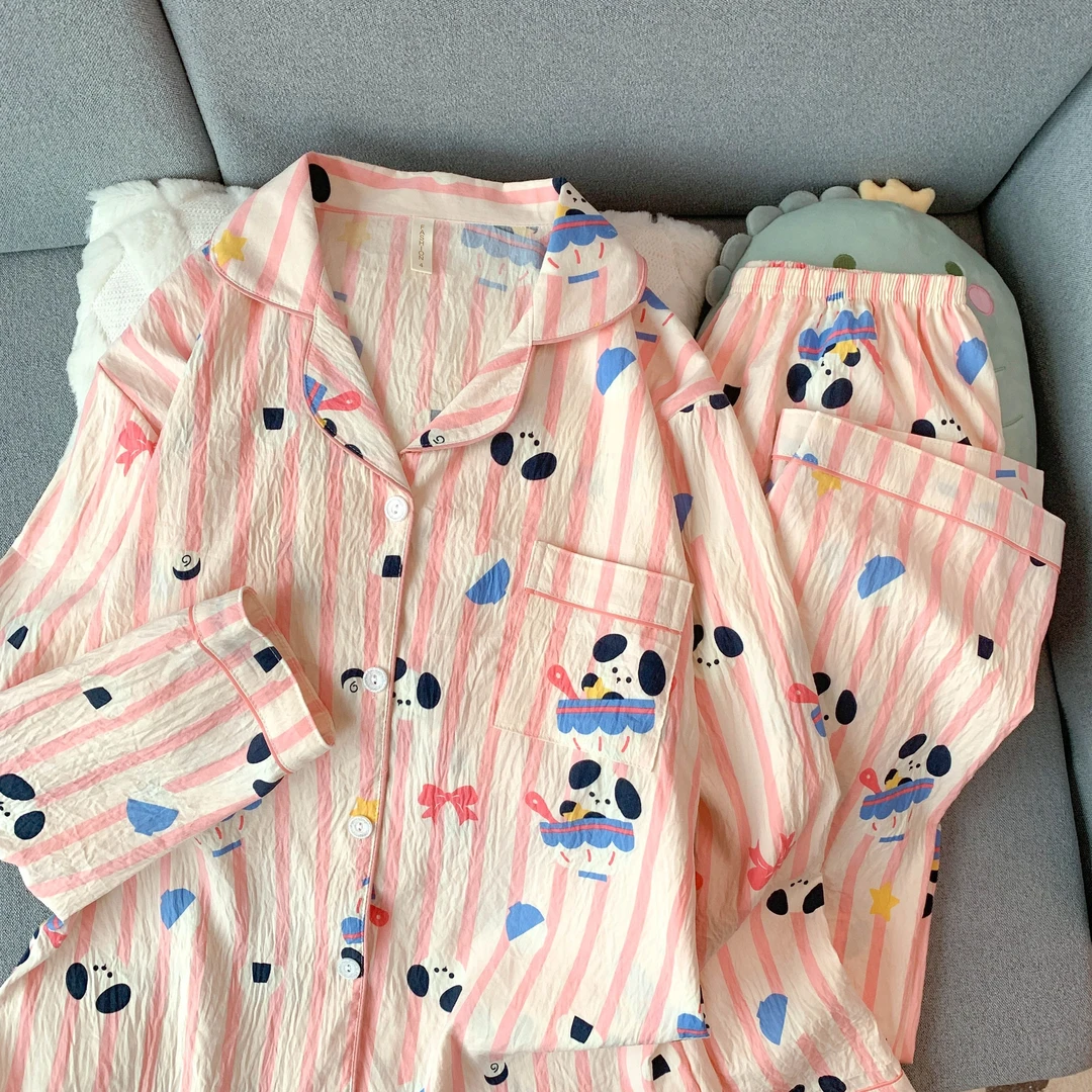 芯语婷春季新品·蝴蝶结熊猫甜美睡衣云朵泡泡纱女长袖套装可外穿