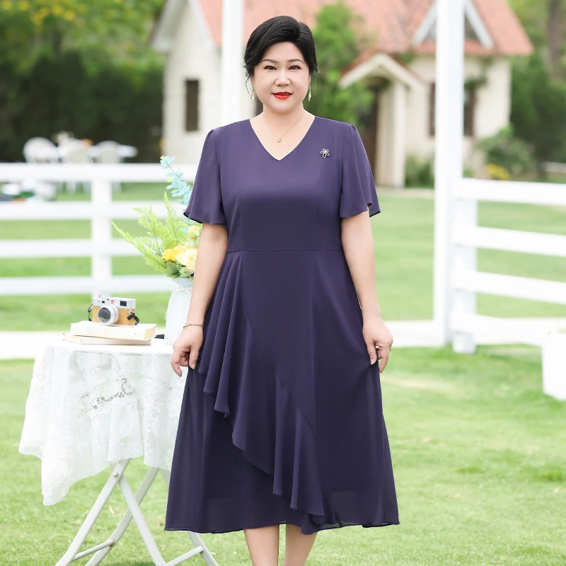 高贵气质简约时尚端庄大气妈妈裙子女中老年人洋气薄款雪纺连衣裙