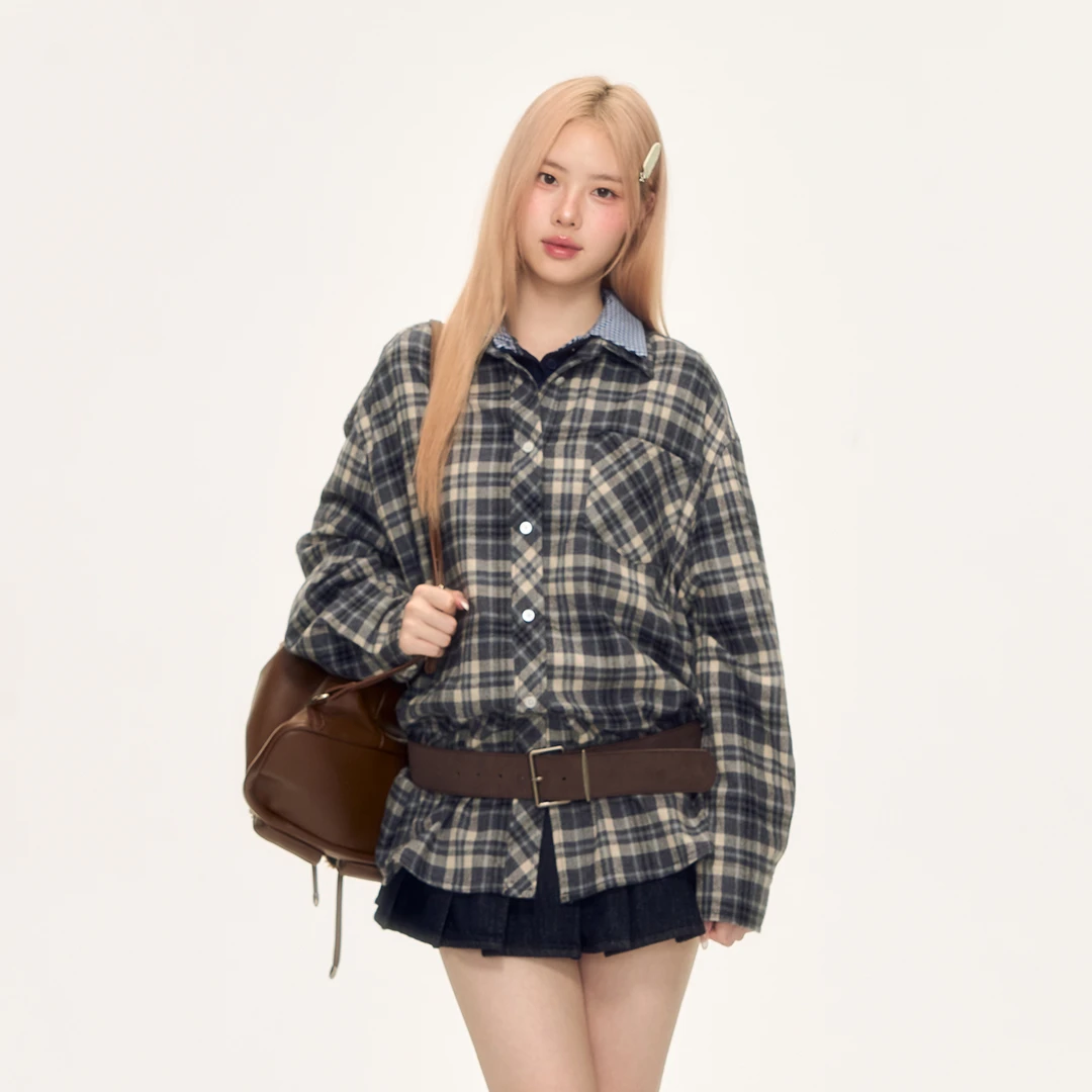 WEEKEND HUB郑豆豆同款复古格纹衬衫女设计感长袖衬衣宽松polo领