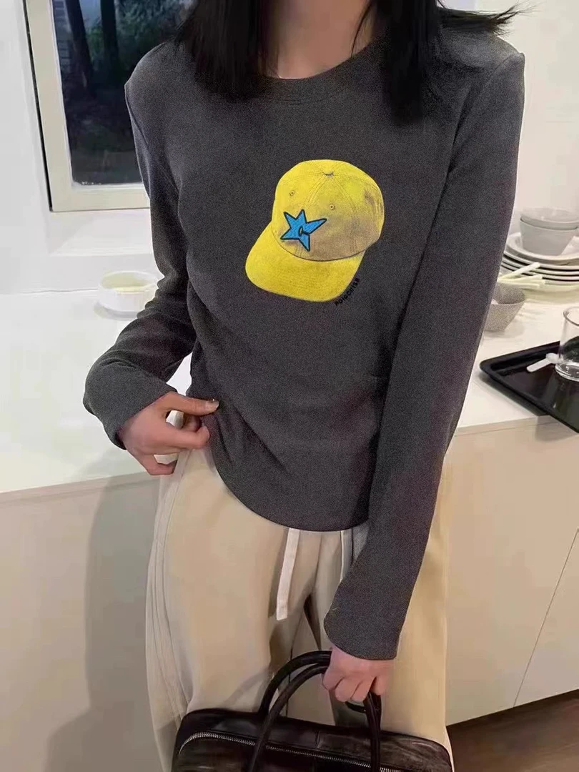 美式时尚2025新款长袖修身印花磨毛显瘦百搭打底春秋圆领上衣T恤