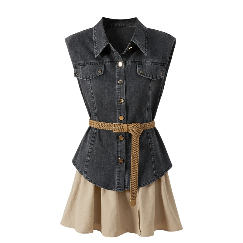 她池2025夏季新款女装翻领马夹搭半身裙两件套时尚套装T52B1738N