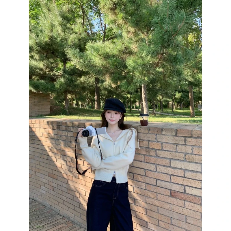 翻领拉链毛衣女设计感小众早秋穿搭短款针织开衫高腰休闲阔腿长裤