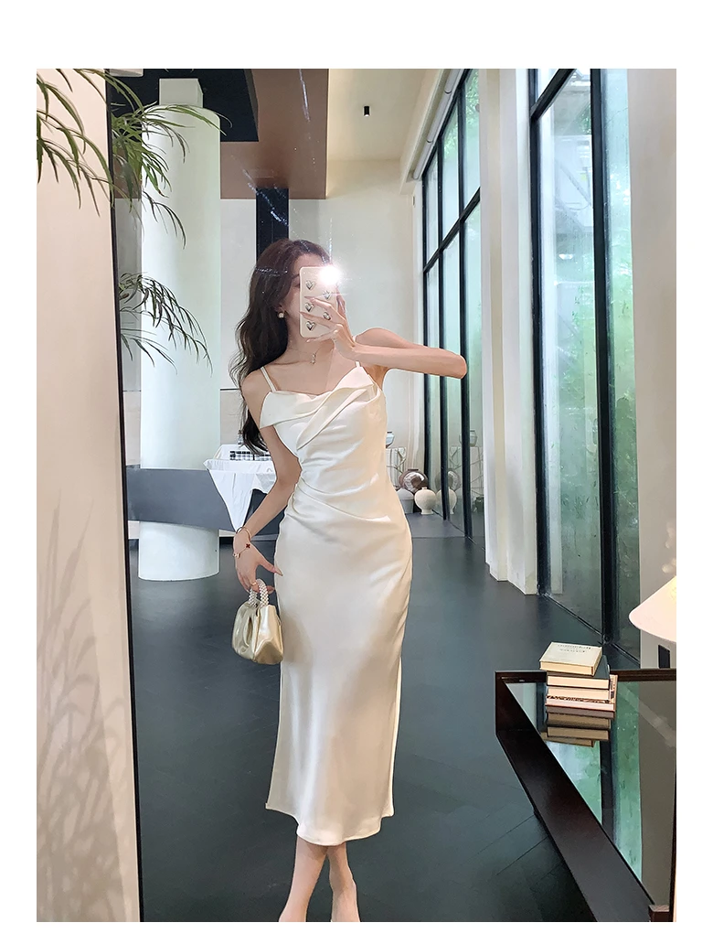 高级设计款小众缎面吊带裙开叉礼服时尚女士简约气质