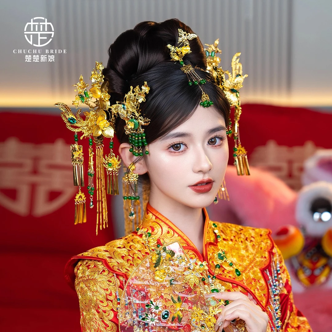 新娘头饰中式婚礼金色饰品汉服秀禾龙凤褂后发饰奢华显脸小发饰
