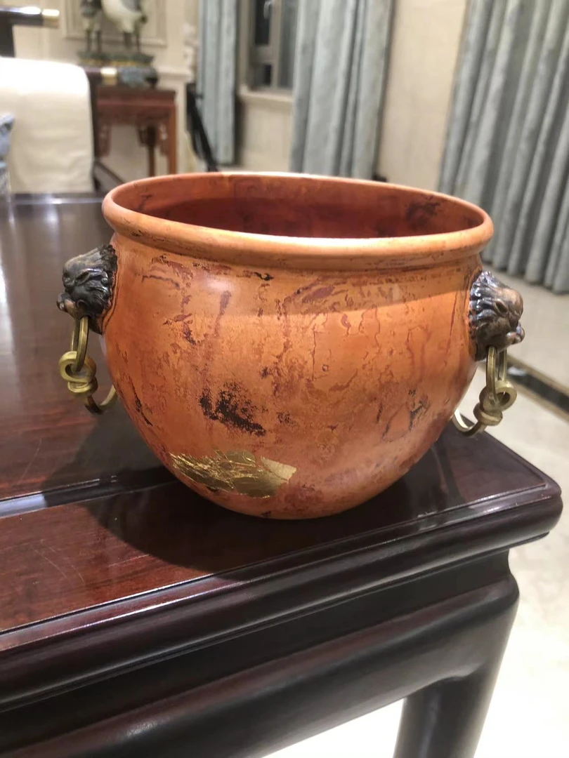 宽窄.紫铜橙色金箔双狮双耳大容量建水茶道配件