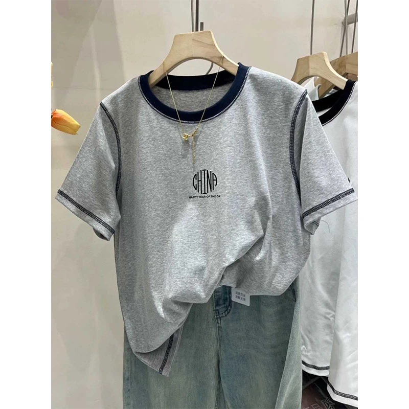 正肩圆领拼色明线短袖t恤女2025新款爆款ins时尚百搭灰色上衣夏季
