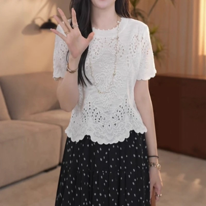 高级感钩花镂空短袖t恤针织衫女夏季大码胖MM显瘦宽松不规则上衣