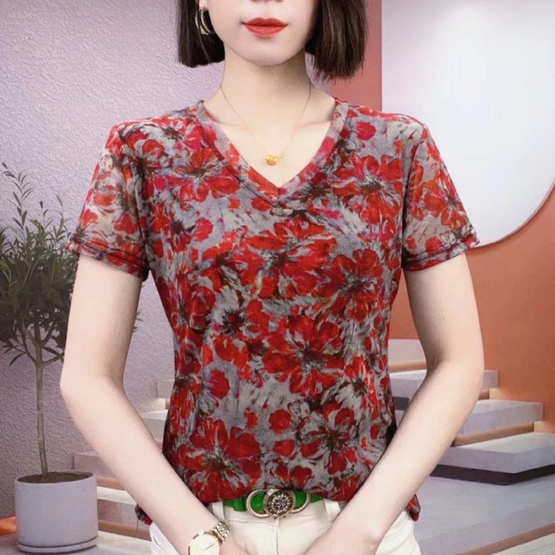 欧洲站V领短袖花色冰丝网纱打底衫上衣2025夏季品瘦气质A2151