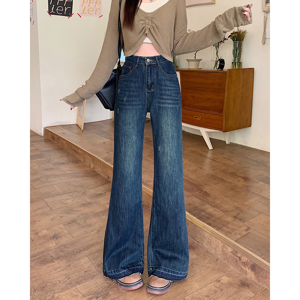 大码美美哒2025春季复古阔腿微喇裤设计感高腰显瘦牛仔裤65485