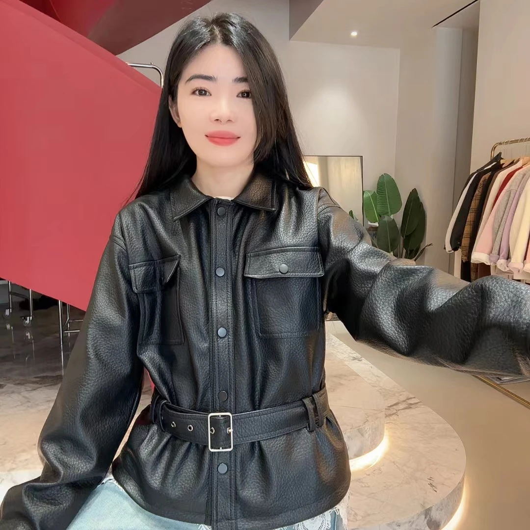 QC 252580 有腰带 工装风时尚翻领单排皮衣休闲洋气长袖