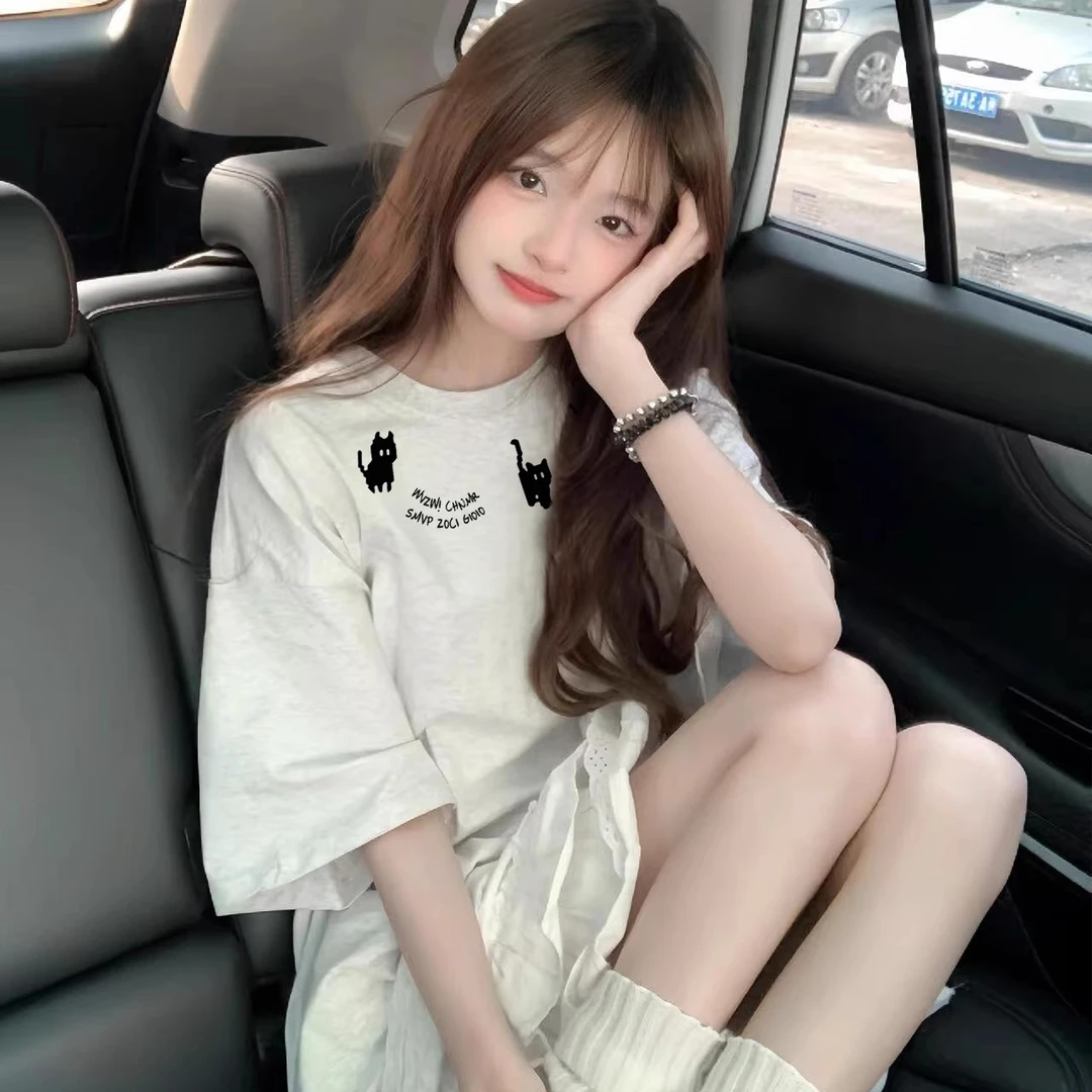 美式复古卡通印花短袖T恤女2025夏季初中学生设计感小众宽松上衣