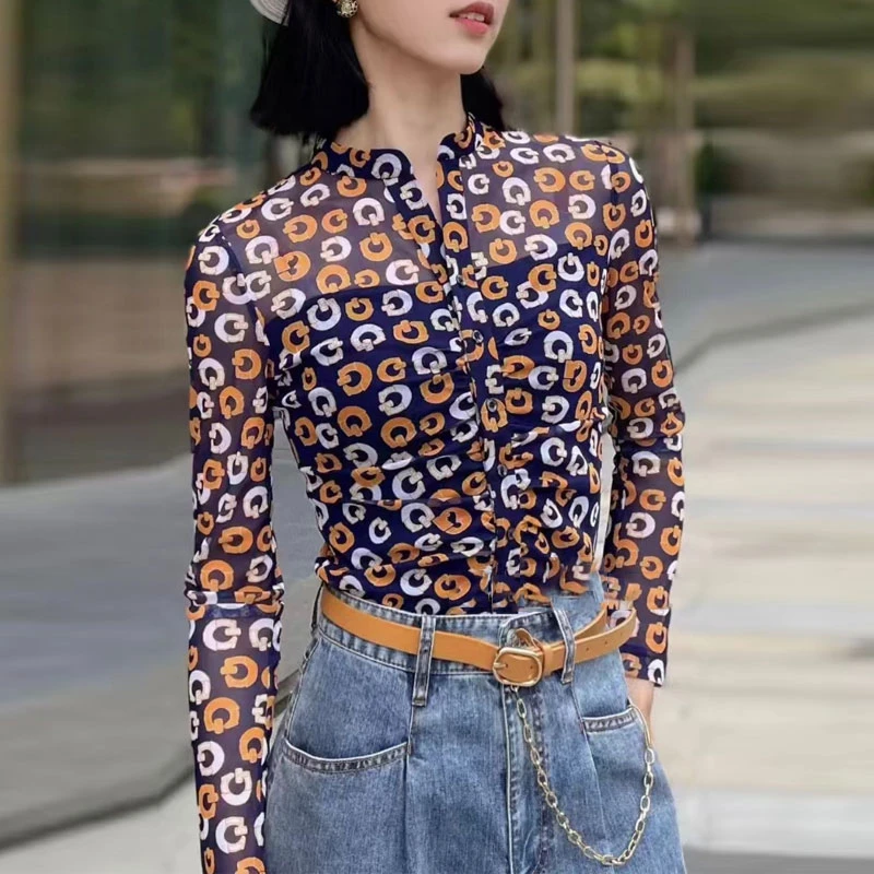 {专柜}商场同款2025女装春秋网纱弹力字母印花长袖衬衫1301005