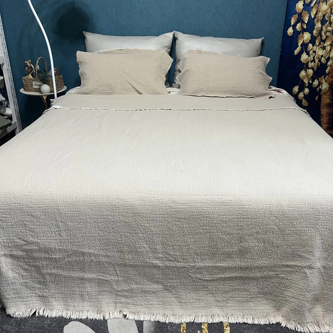 【汉麻公主】100%汉麻雨露麻盖毯床盖 皱麻工艺加厚流苏盖毯床盖