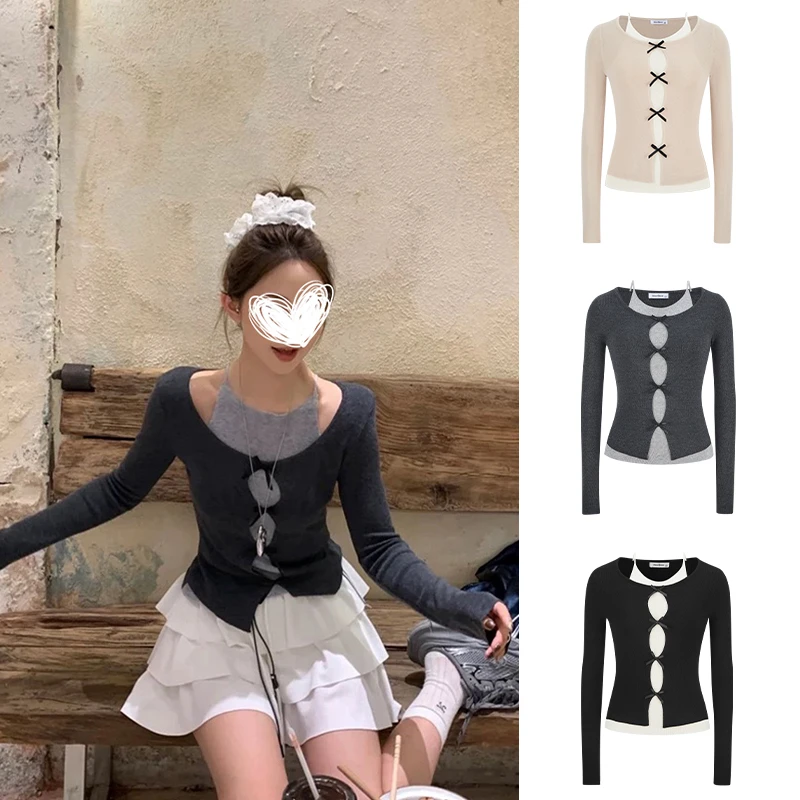 Moses Queen/魔西女王韩版纯欲假两件蝴蝶结长袖针织衫显瘦上衣女