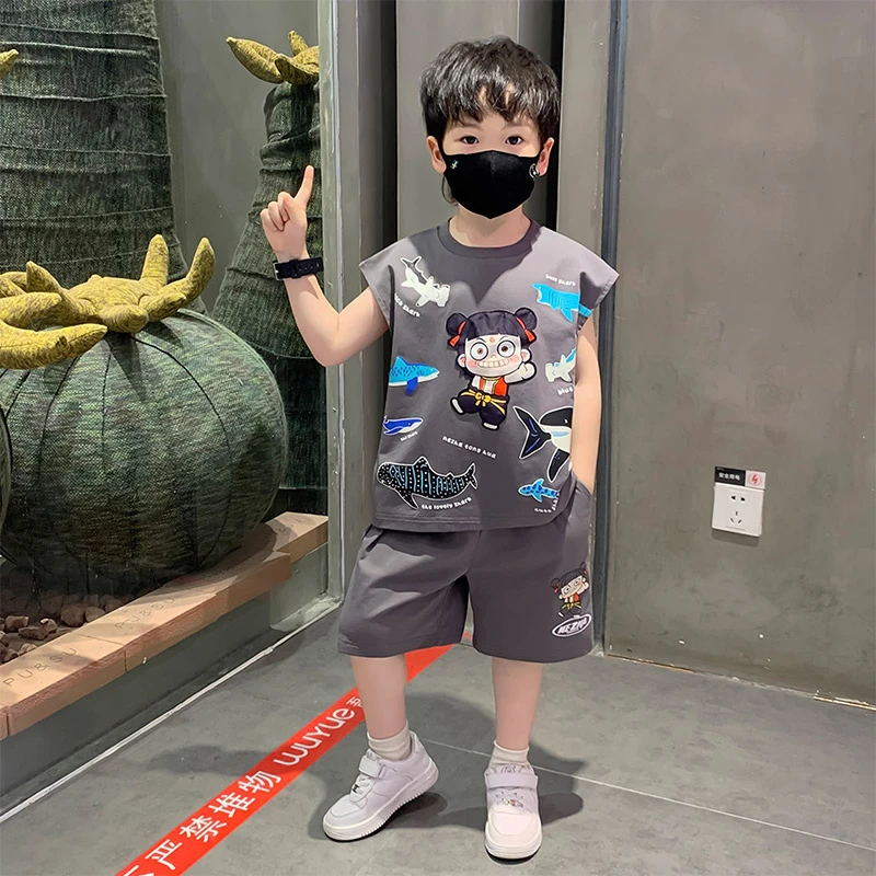 儿童套装男童哪吒夜光背心2025新款宝宝夏季无袖夏天男孩薄款衣服