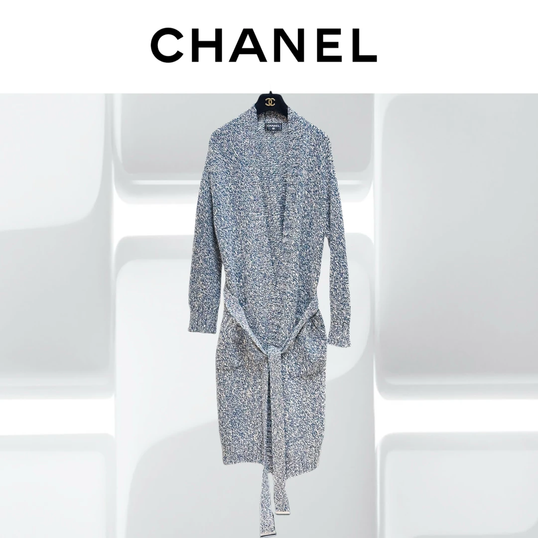99新 Chanel/香奈儿 34码蓝色混色长款针织开衫 带腰带