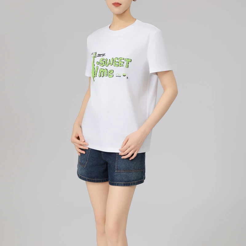 AMASS/阿玛施春季新款白色女款圆领休闲蝴蝶印花短袖T恤530082