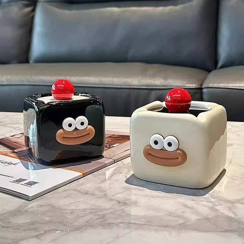 可爱创意烟灰缸家用奶油风客厅陶瓷烟盅带盖防飞灰高级小众轻奢gh