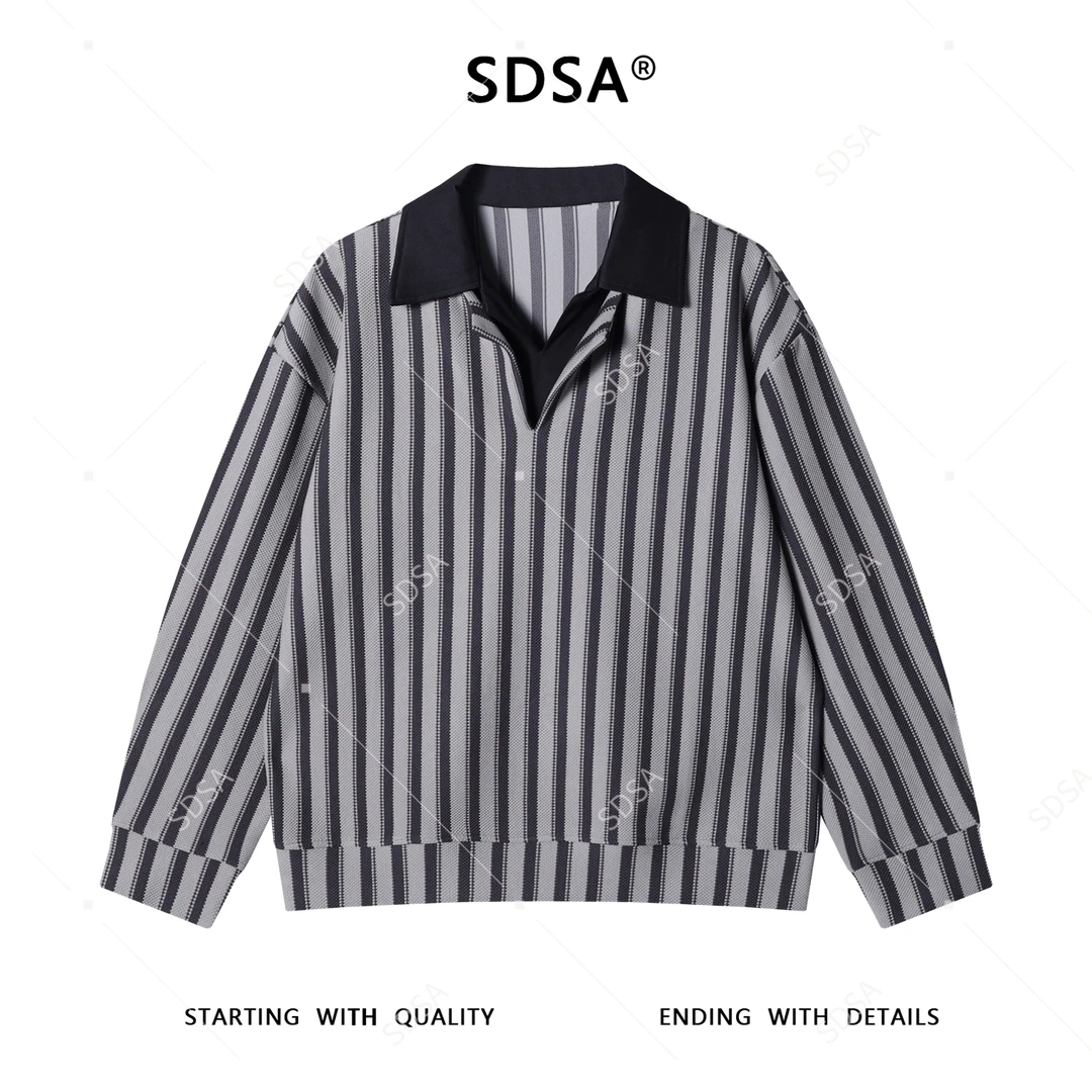 SDSA秋冬新款痞帅男装潮牌舒适竖纹翻领假两件衬衫老钱风百搭衬衣