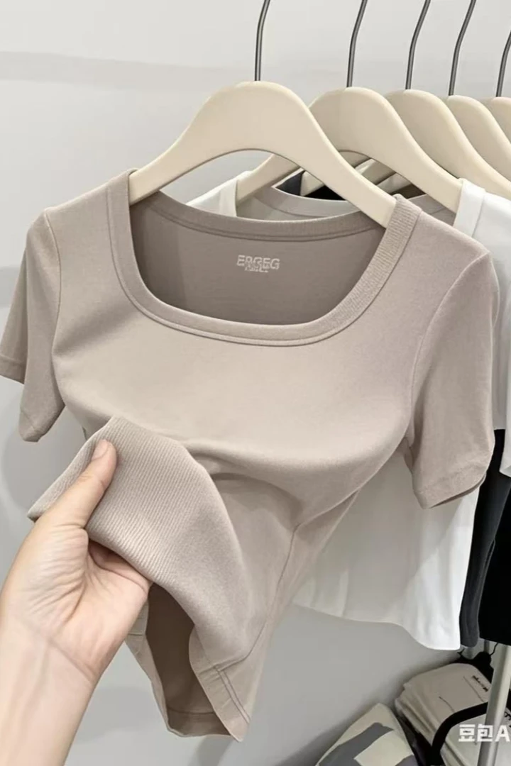 修身纯棉T恤女U型领辣妹打底衫短袖纯欲夏季短款修身显瘦打底衫潮