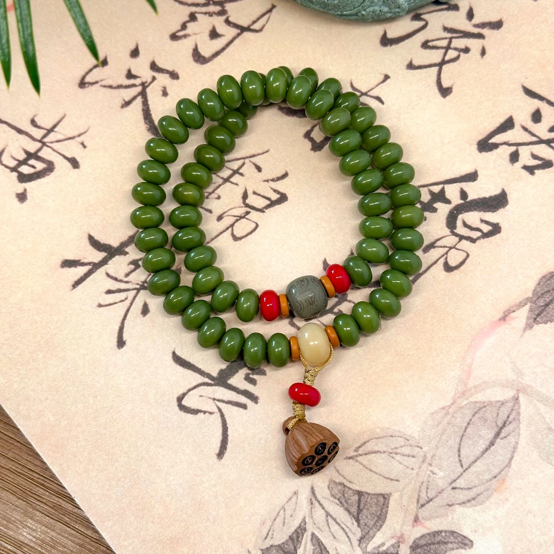 菩提根手串真品盘玩阴皮子文玩佛珠莲花跑环双圈手链女士女