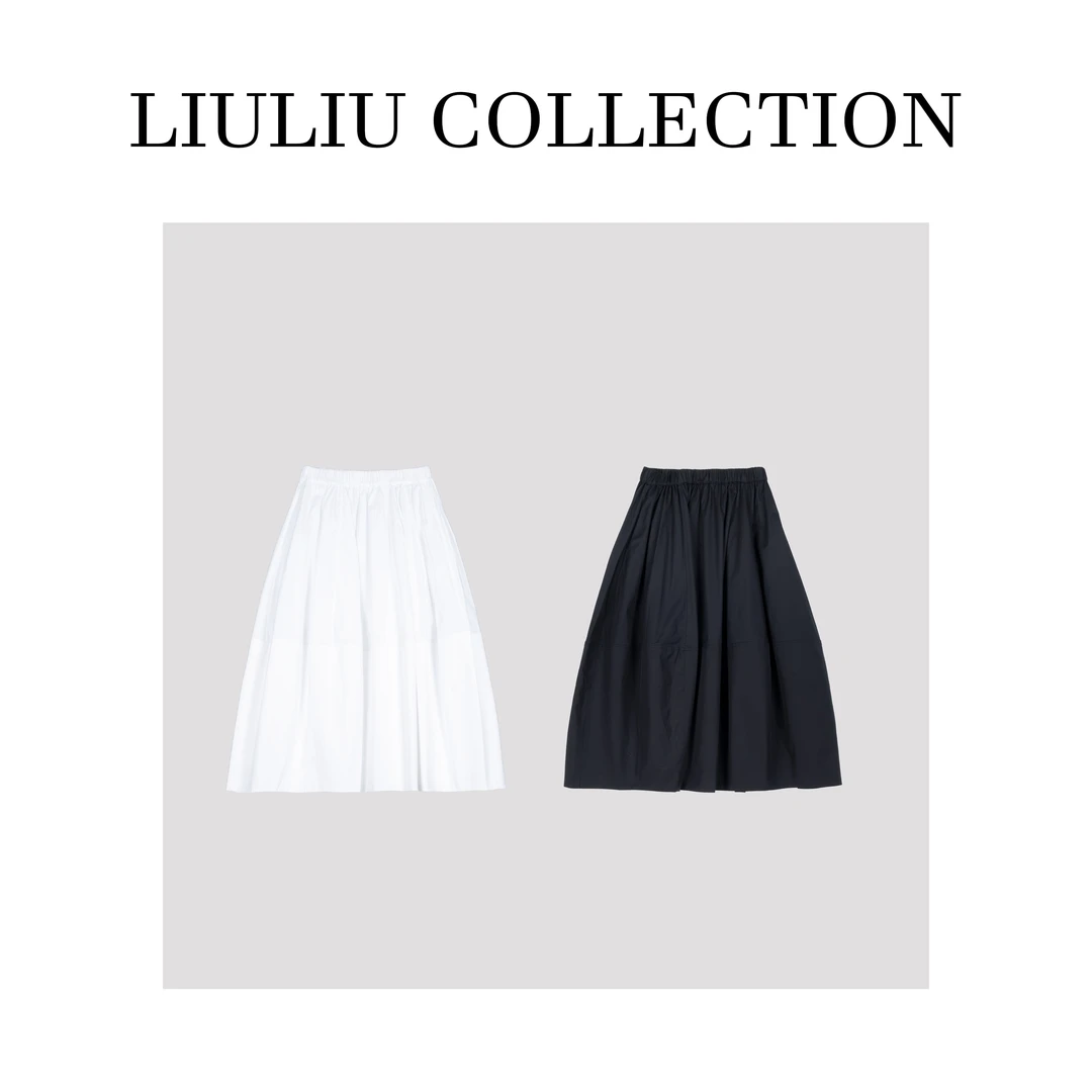 柔软高支纯棉，休闲减龄花苞裙蓬蓬裙，立裁拼接松紧腰中长半裙M53