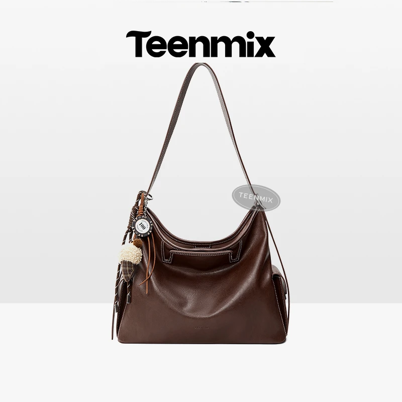 天美意包包女2025新款流光风牛皮水桶包托特包单肩斜挎包手提包潮