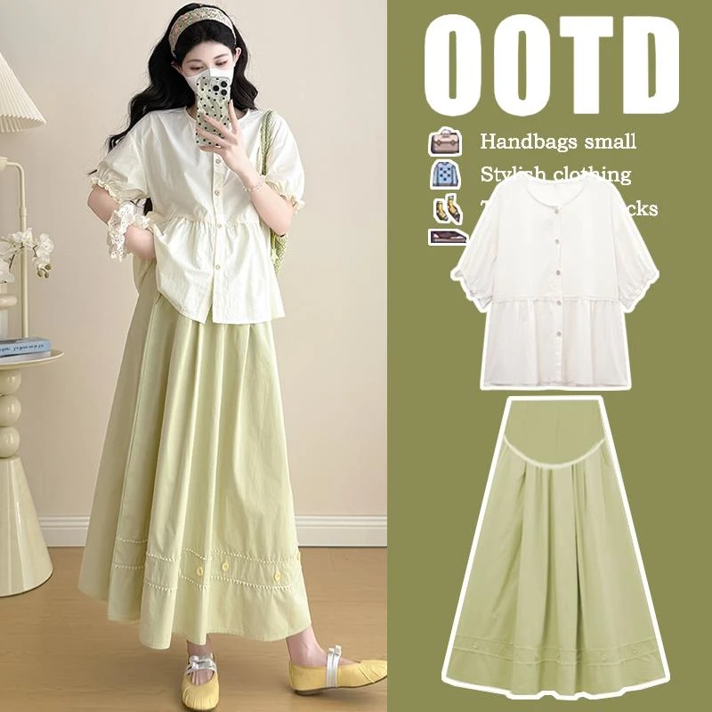 孕妇上衣夏季短袖洋气遮孕肚法式棉质衬衫绣花半身裙2025夏款显瘦