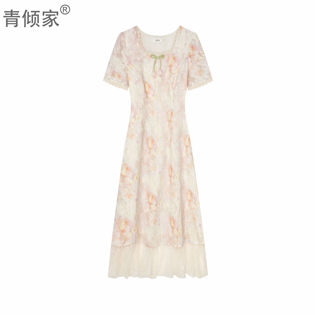 青倾家【粉雾海晚霞】蕾丝方领法式少女风水彩郁金香花色连衣裙
